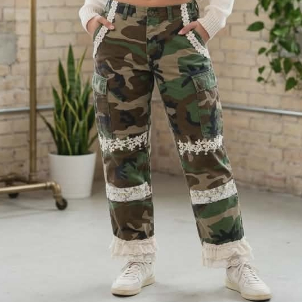 U.S. Army Camouflage Pants with White Lace Trim